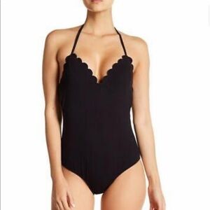 Jessica Simpson Black Halter Scalloped Trim One Piece Swimsuit Size S